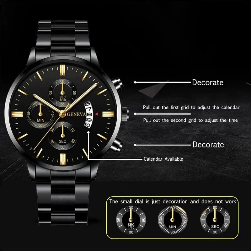 Luxury Men's Black Stainless Steel Watch | Quartz Movement with Complete Calendar