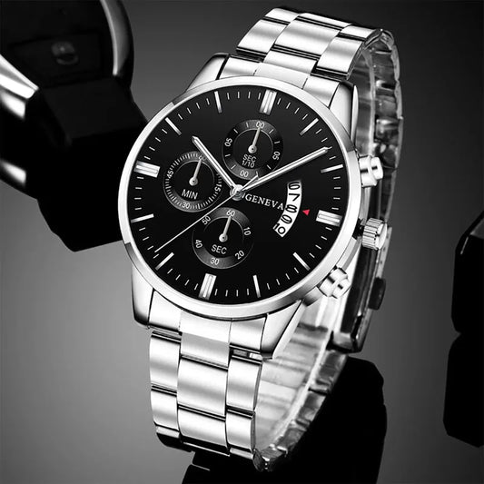 Luxury Men's Silver Stainless Steel Watch | Quartz Movement with Complete Calendar