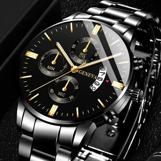 Luxury Men's Black Stainless Steel Watch | Quartz Movement with Complete Calendar