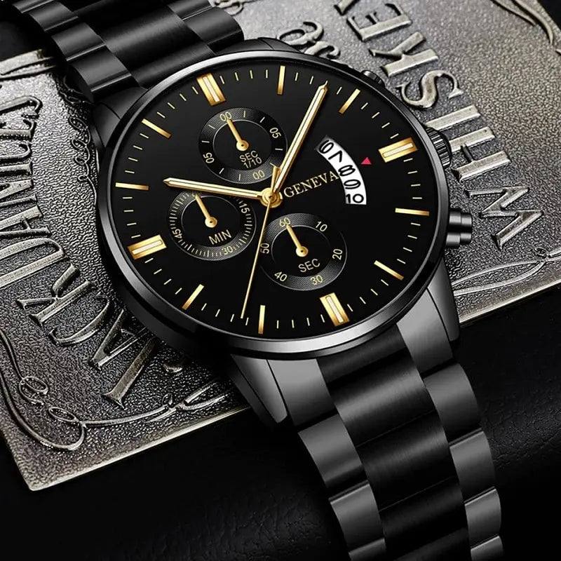 Luxury Men's Black Stainless Steel Watch | Quartz Movement with Complete Calendar