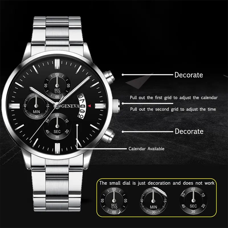 Luxury Men's Silver Stainless Steel Watch | Quartz Movement with Complete Calendar