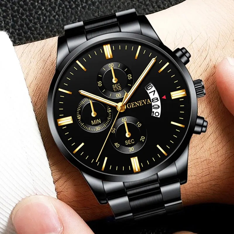 Luxury Men's Black Stainless Steel Watch | Quartz Movement with Complete Calendar