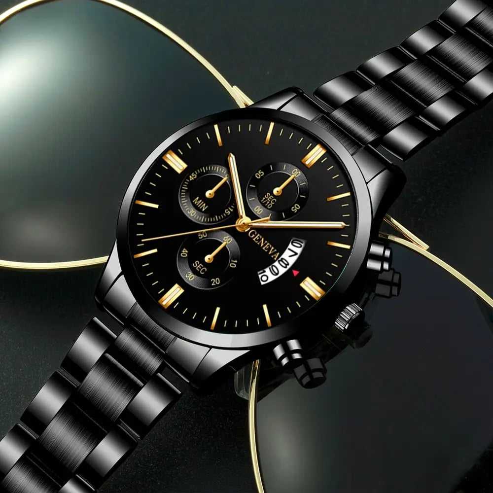 Luxury Men's Black Stainless Steel Watch | Quartz Movement with Complete Calendar